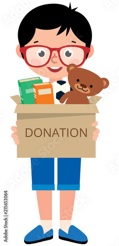 Vector illustration girl child holding a toy box for donations