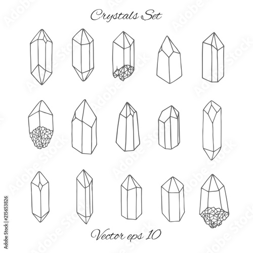 Vector crystals contours set on the white background. Hand drawn gemstones line art collection.