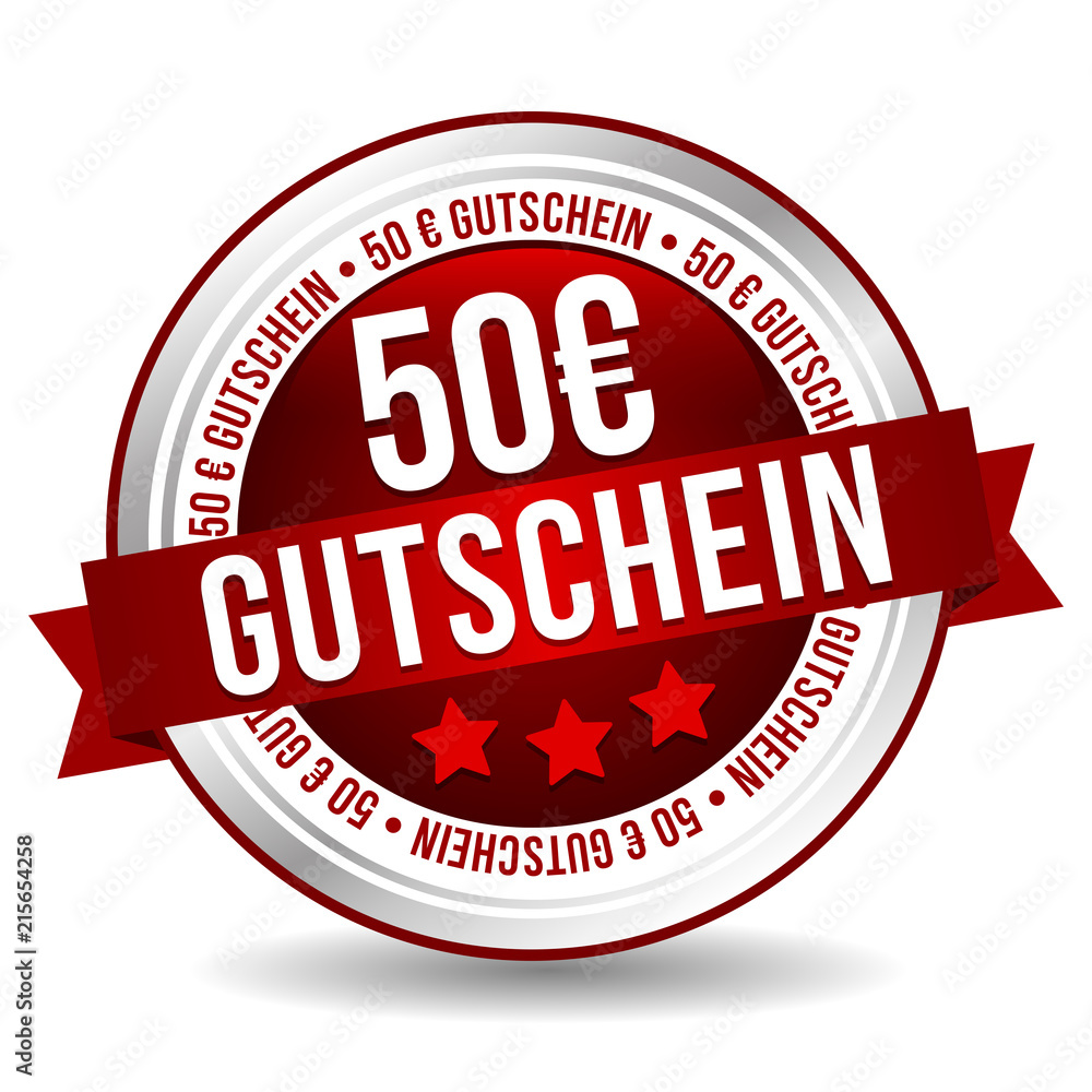 50 Euro Coupon Button - Online Badge Marketing Banner with Ribbon. German-Translation: 50 Euro Gutschein
