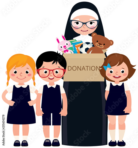 Christian nun and children holding a box of donations with toys and books vector cartoon illustration
