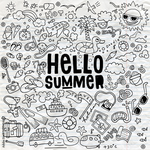 Hand drawn vector illustration set of summer doodles elements.