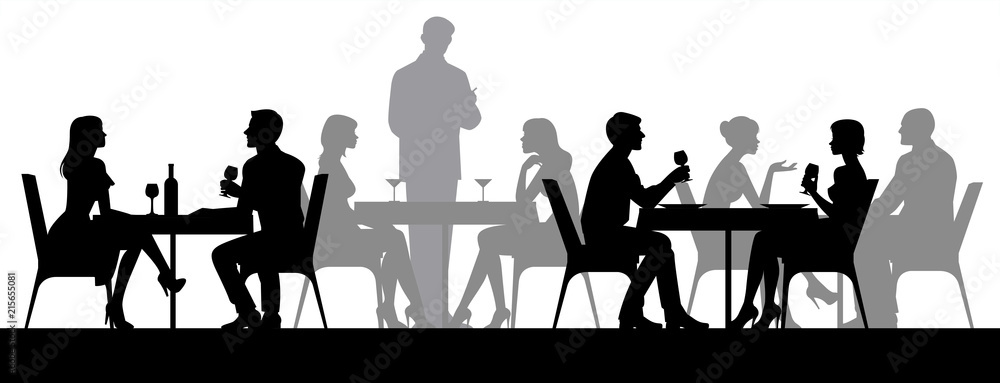 purity self Coherent Black silhouettes of people sitting at restaurant tables eating and  drinking vector illustration Stock Vector | Adobe Stock
