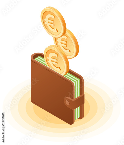Flat isometric illustration of euro coins droping into wallet with banknotes. The business growth, European money, earnings, profit, success, vector concept isolated on white background.
