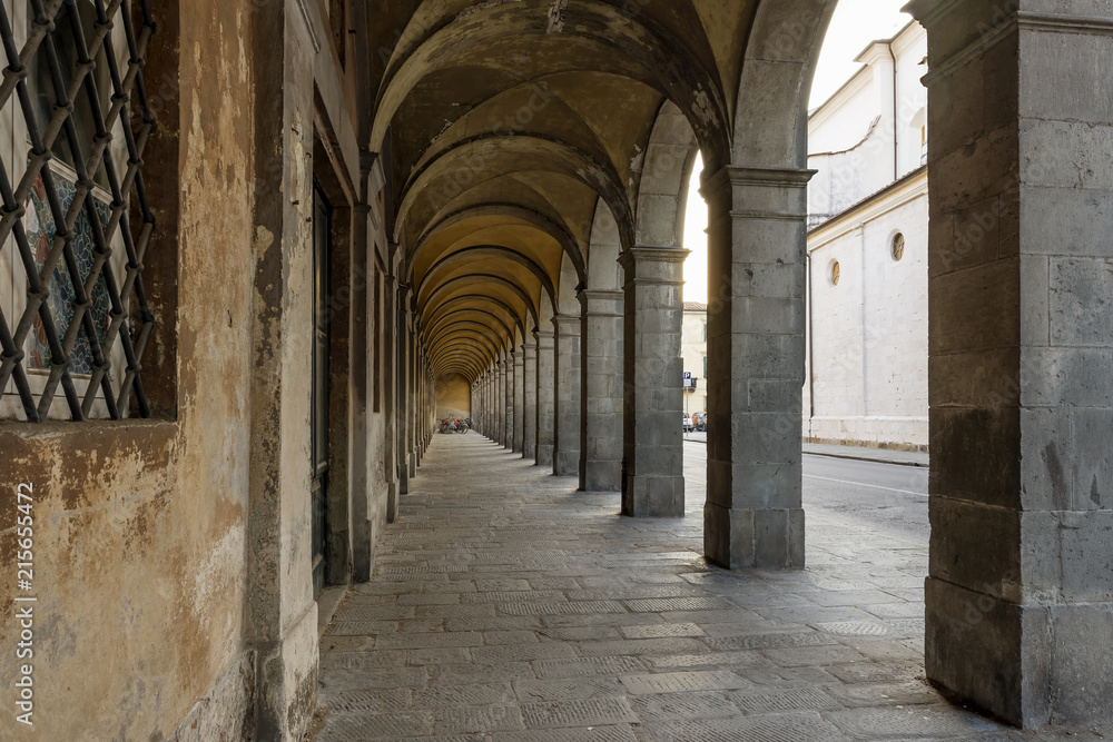 The beautiful arcade of Palazzo Matteucci in Via Elisa, Lucca, Tuscany, Italy