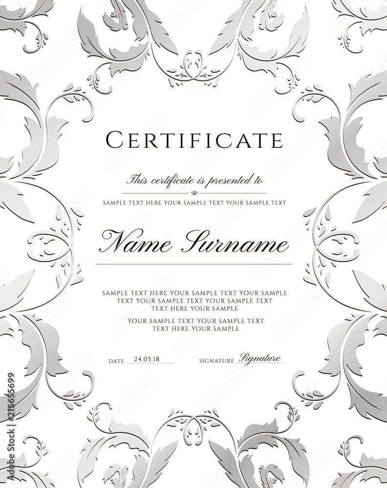 Certificate template, silver border. Editable design for Diploma