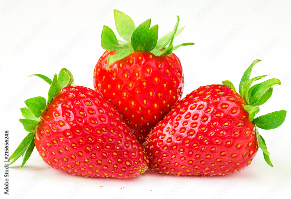 Fresh Three strawberries close up isolated on white background Fresh Three strawberries close up isolated on white background