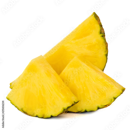 Sliced Pineapple isolated on white background, macro. Fresh Pineapple chunks. Summer tropical fruits close up