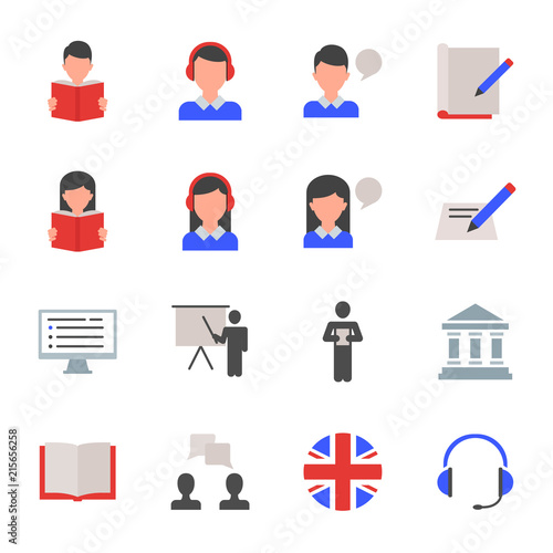 English language learning set of vector icons