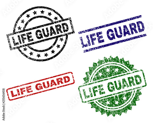 LIFE GUARD seal prints with distress style. Black, green,red,blue vector rubber prints of LIFE GUARD caption with corroded style. Rubber seals with circle, rectangle, medallion shapes.