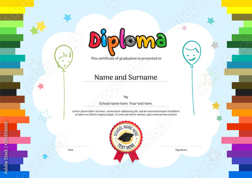 Kids Diploma or certificate template with colorful background