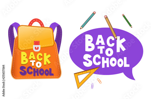 Back to School kids school backpack vector illustration. Back to school background with school supplies set. Speech bubble.