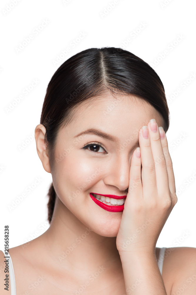 Beautiful asian woman with retro makeup with red lips isolated on white background. Beautiful asian woman with retro makeup with red lips isolated on white background.