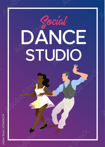 Poster for dance studio. Flyer or element of advertizing for social dances studio. Flat vector illustration. Dance party poster template, event flyer invitation.