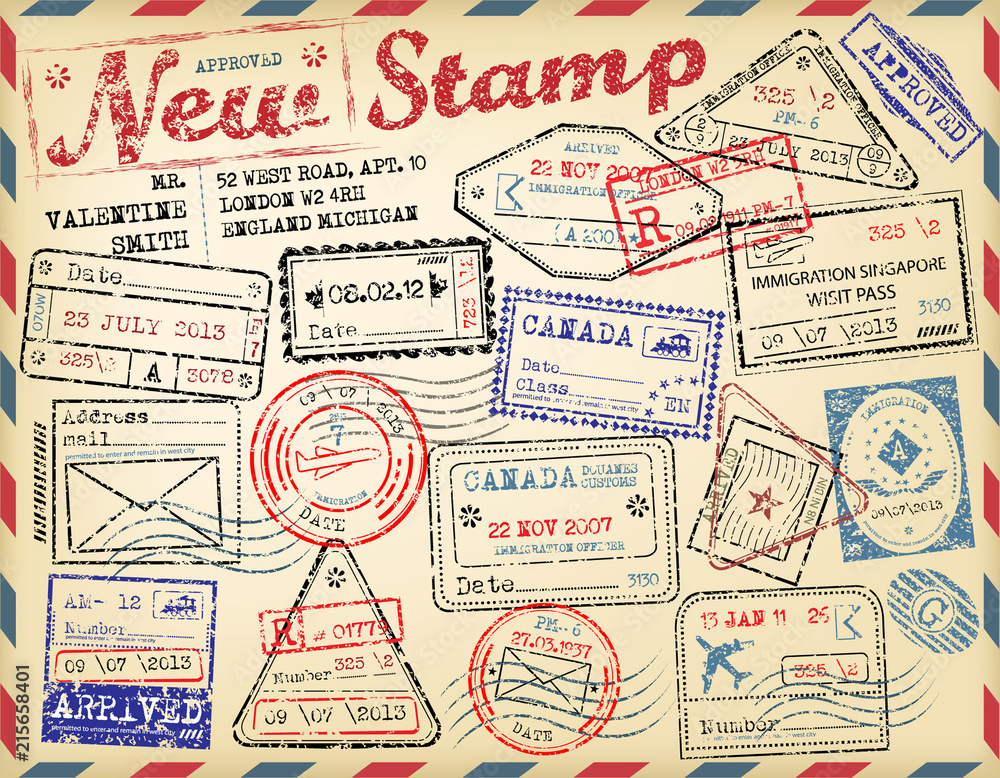 Set of international travel passport stamps