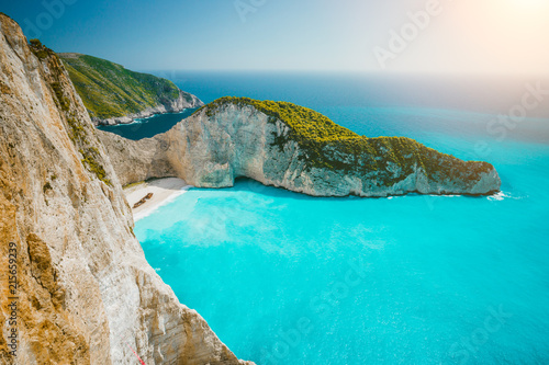 Navagio beach or Shipwreck bay with turquoise water and pebble white beach. Famous landmark location. overhead landscape of Zakynthos island, Greece