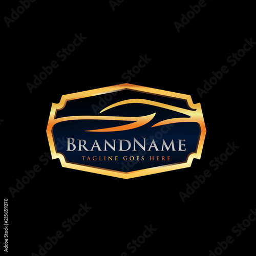 Automotive Logo Template with luxury car illustration in gold emblem color on black background