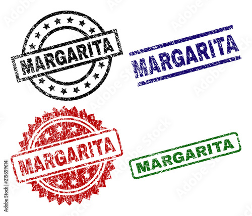 MARGARITA seal stamps with corroded style. Black, green,red,blue vector rubber prints of MARGARITA title with corroded surface. Rubber seals with round, rectangle, medallion shapes.