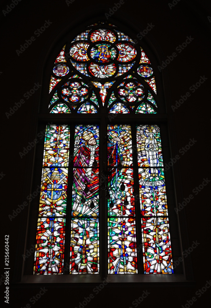 Stained glass window in Roman Catholic Cathedral of the Immaculate Conception of the Blessed Virgin Mary in Moscow Stained glass window in Roman Catholic Cathedral of the Immaculate Conception of the Blessed Virgin Mary in Moscow