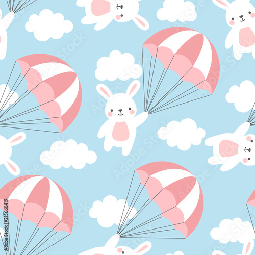 Fototapeta Naklejka Na Ścianę i Meble -  Seamless Rabbit Pattern Background, Happy cute bunny flying in the sky between colorful balloons and clouds, Cartoon Hare Bears Vector illustration for Kids