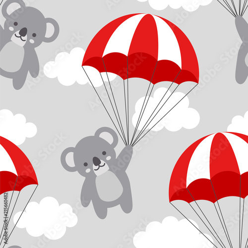 Fototapeta Naklejka Na Ścianę i Meble -  Seamless Koala Pattern Background, Happy cute koala flying in the sky between colorful balloons and clouds, Cartoon Koala Bears Vector illustration for Kids