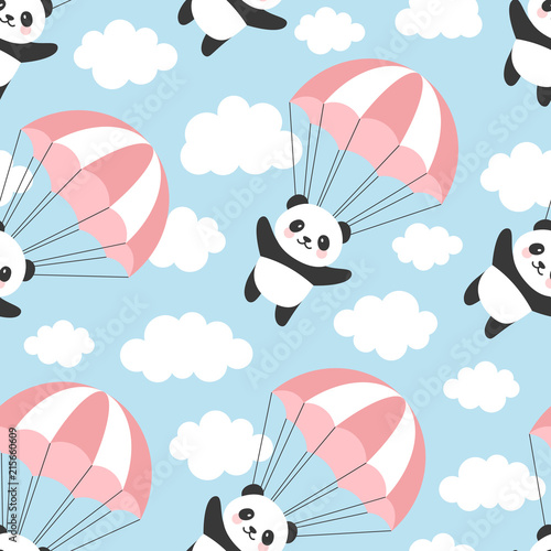 Fototapeta Naklejka Na Ścianę i Meble -  Seamless Panda Pattern Background, Happy cute panda flying in the sky between colorful balloons and clouds, Cartoon Panda Bears Vector illustration for Kids
