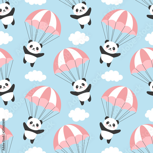 Fototapeta Naklejka Na Ścianę i Meble -  Seamless Panda Pattern Background, Happy cute panda flying in the sky between colorful balloons and clouds, Cartoon Panda Bears Vector illustration for Kids