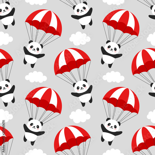 Fototapeta Naklejka Na Ścianę i Meble -  Seamless Panda Pattern Background, Happy cute panda flying in the sky between colorful balloons and clouds, Cartoon Panda Bears Vector illustration for Kids
