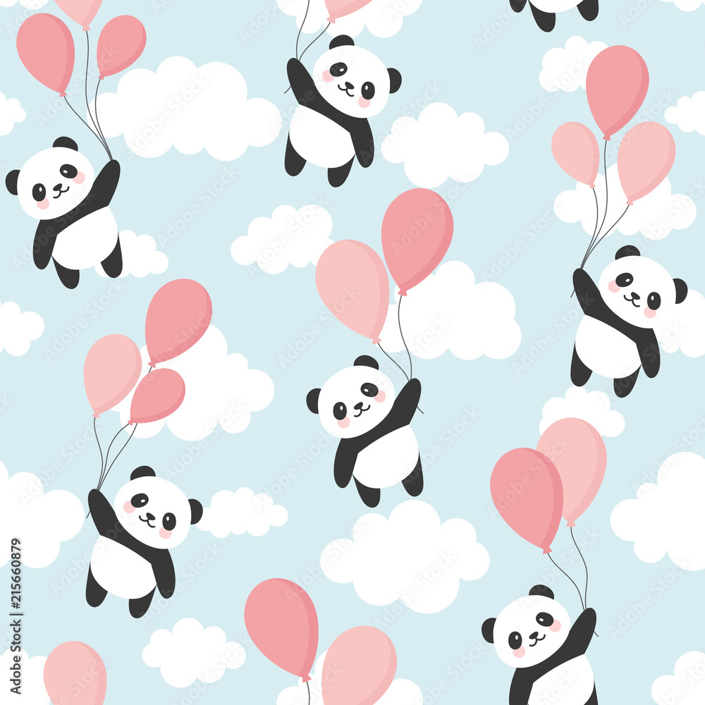Obraz premium Bezszwowe tło wzór pandy, szczęśliwa śliczna panda latająca po niebie między kolorowymi balonami i chmurami, kreskówka niedźwiedzie panda wektor ilustracja dla dzieci