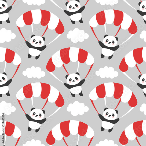 Fototapeta Naklejka Na Ścianę i Meble -  Seamless Panda Pattern Background, Happy cute panda flying in the sky between colorful balloons and clouds, Cartoon Panda Bears Vector illustration for Kids