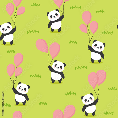 Fototapeta Naklejka Na Ścianę i Meble -  Seamless Panda Pattern Background, Happy cute panda flying in the sky between colorful balloons and clouds, Cartoon Panda Bears Vector illustration for Kids