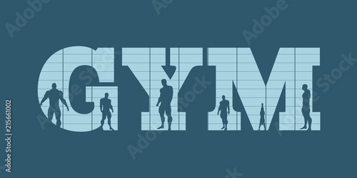 Muscular men silhouettes on gym word. Bodybuilding relative image