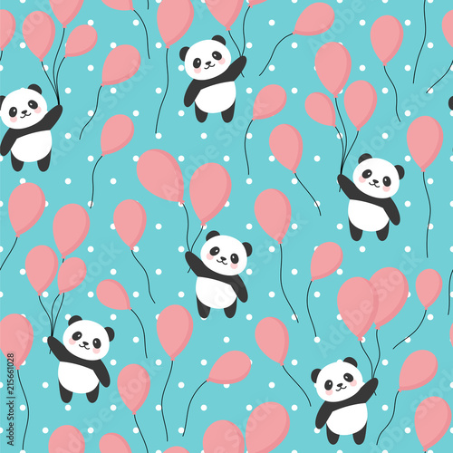 Fototapeta Naklejka Na Ścianę i Meble -  Seamless Panda Pattern Background, Happy cute panda flying in the sky between colorful balloons and clouds, Cartoon Panda Bears Vector illustration for Kids
