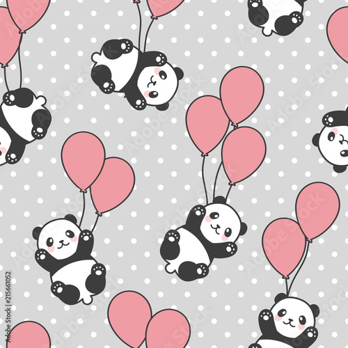 Fototapeta Naklejka Na Ścianę i Meble -  Seamless Panda Pattern Background, Happy cute panda flying in the sky between colorful balloons and clouds, Cartoon Panda Bears Vector illustration for Kids