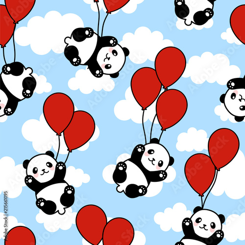 Fototapeta Naklejka Na Ścianę i Meble -  Seamless Panda Pattern Background, Happy cute panda flying in the sky between colorful balloons and clouds, Cartoon Panda Bears Vector illustration for Kids