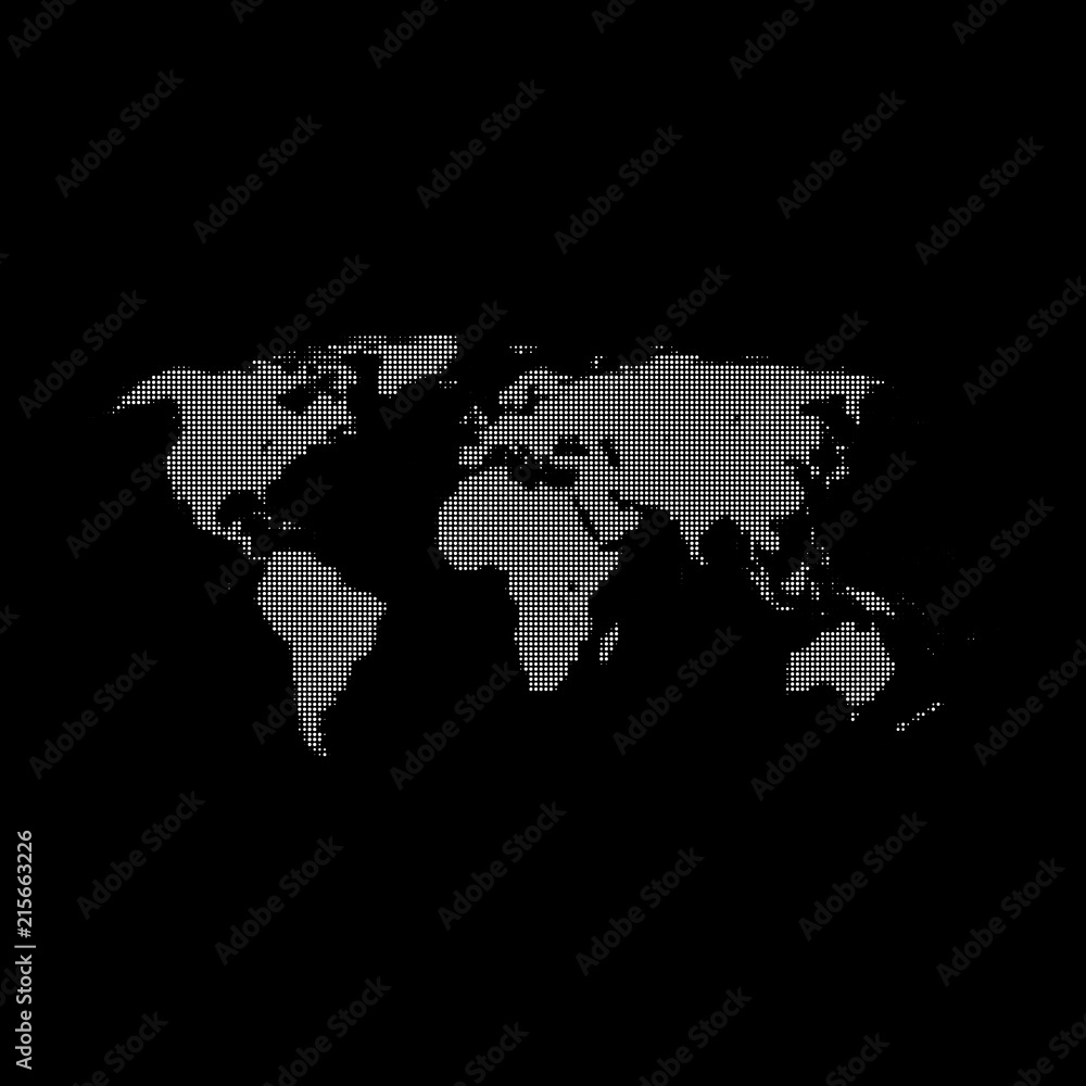 Halftone world map on black background. Vector illustration.