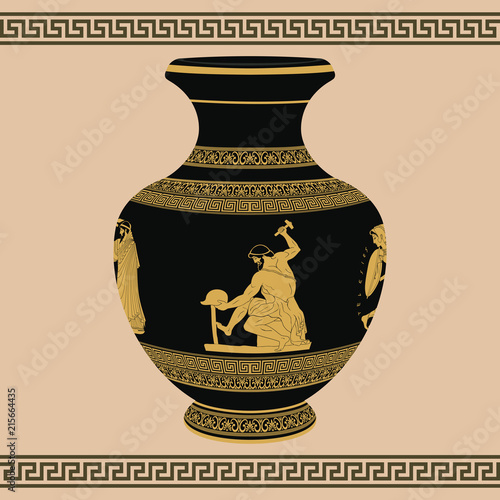 Ancient Greek artisan smith with a hammer and helmet in his hands. Drawing on the vase.