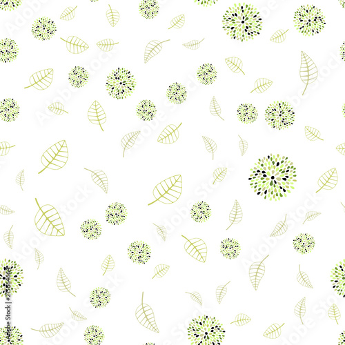 Light Green, Yellow vector seamless doodle pattern with leaves and flowers.