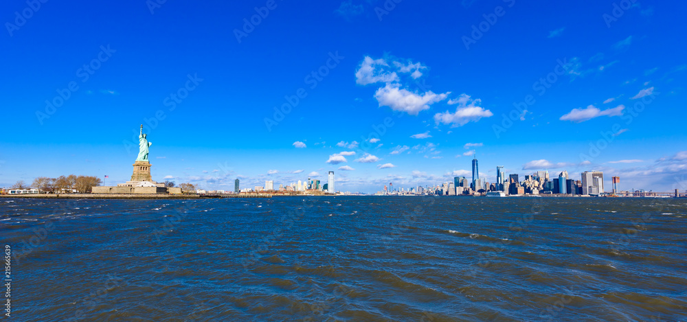 Panorama View of Statue of Liberty at New York City with Manhattan ...
