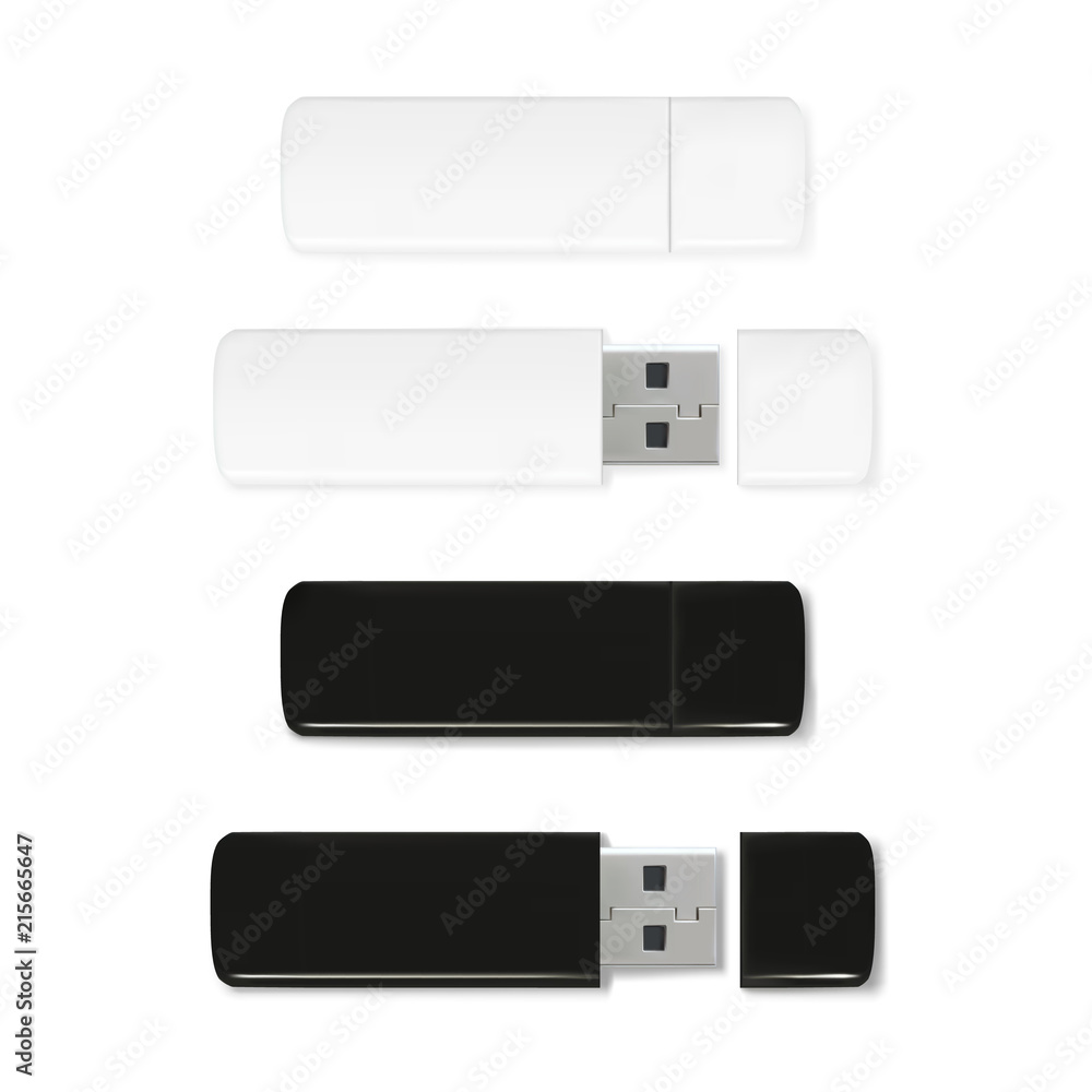 USB flash drives vector illustration of 3D realistic memory stick. Black and white plastic mockup model of portable data storage with closed and caps isolated on transparent background USB flash drives vector illustration of 3D realistic memory stick. Black and white plastic mockup model of portable data storage with closed and caps isolated on transparent background