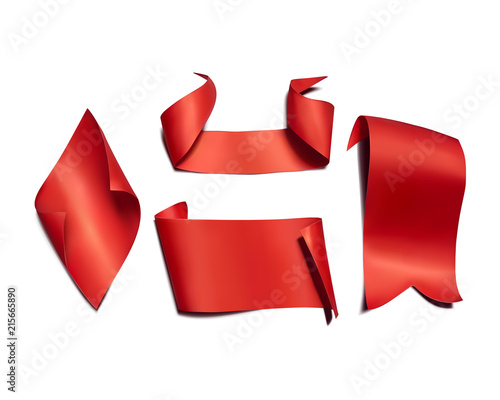 Red ribbons and flags vector illustration. 3D realistic curved paper, satin textile or silk banners with flipped corners and triangle cuts for opening or sale advertisement and greeting cards template