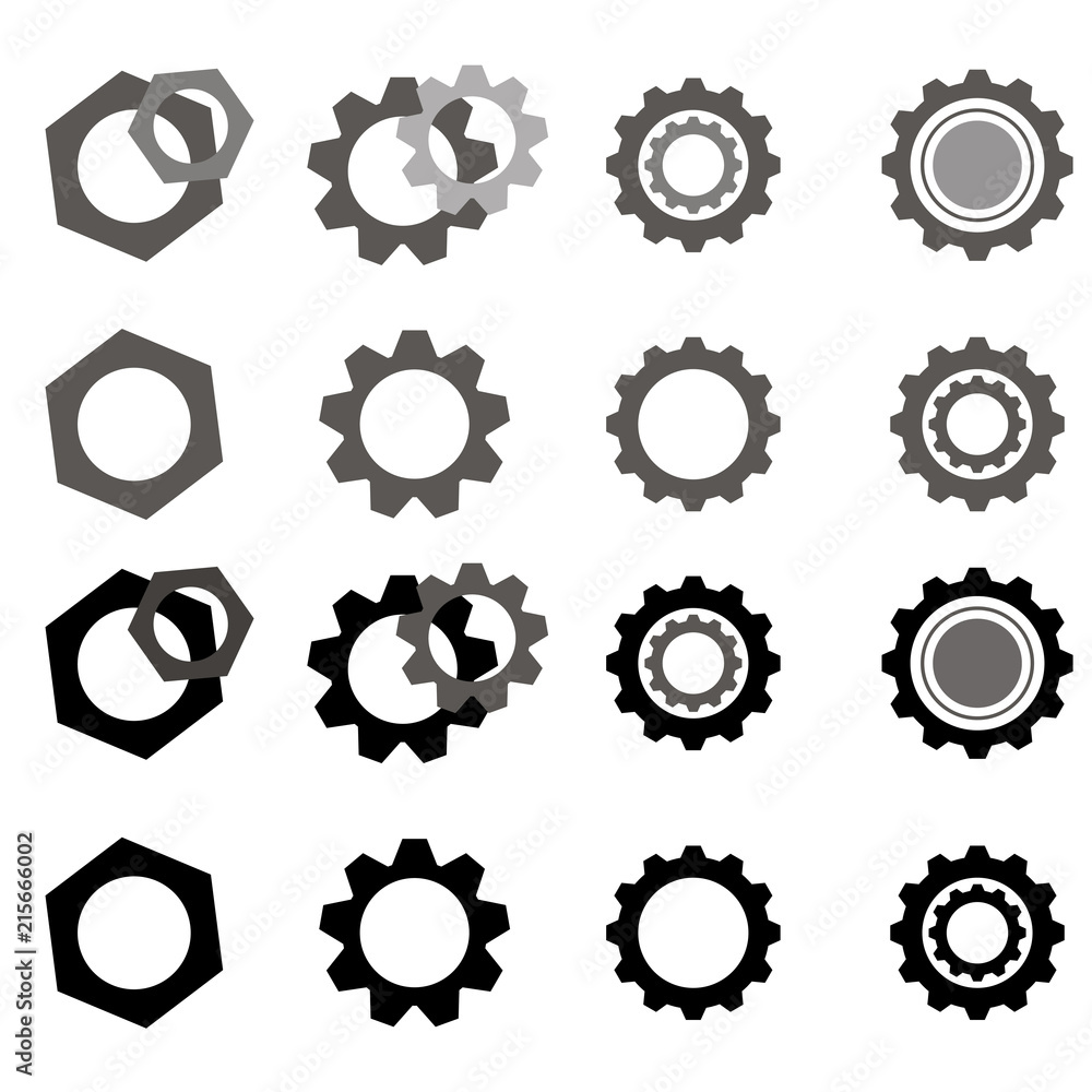 Collection of 16 gear wheels isolated on light background. Gear vector icon.