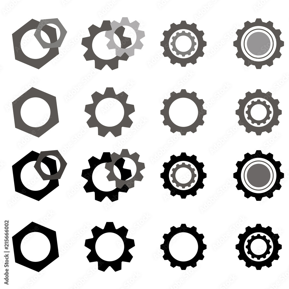 Collection of 16 gear wheels isolated on light background. Gear vector icon. Collection of 16 gear wheels isolated on light background. Gear vector icon.