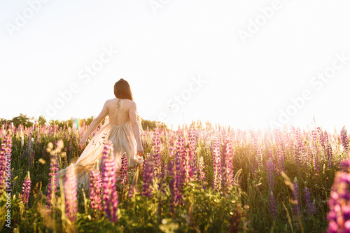 Young woman walking in the field toward the sun photo