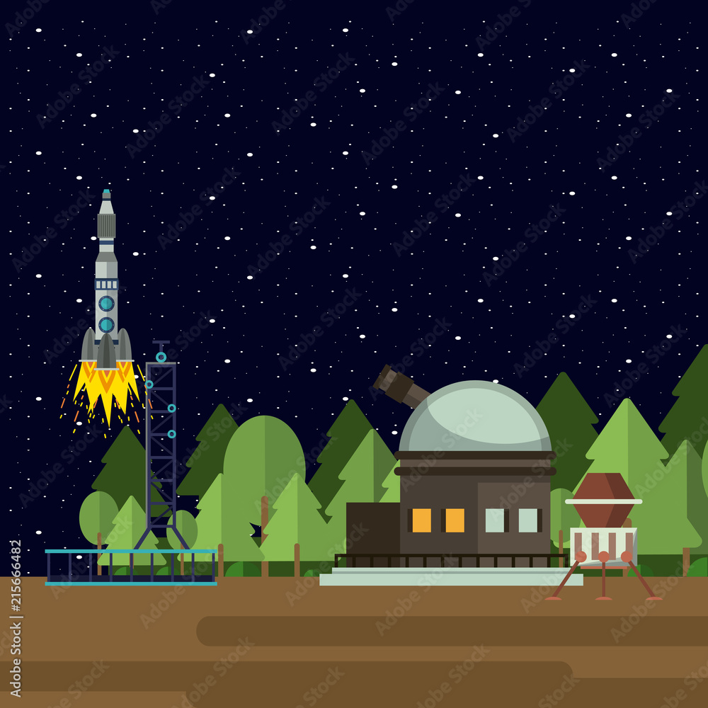 Big telescope and rocket taking off on planet vector illustration graphic design