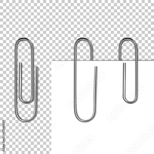 Paper page on clip vector illustration of 3D realistic metal clip with blank memo or white note sheet isolated on transparent background