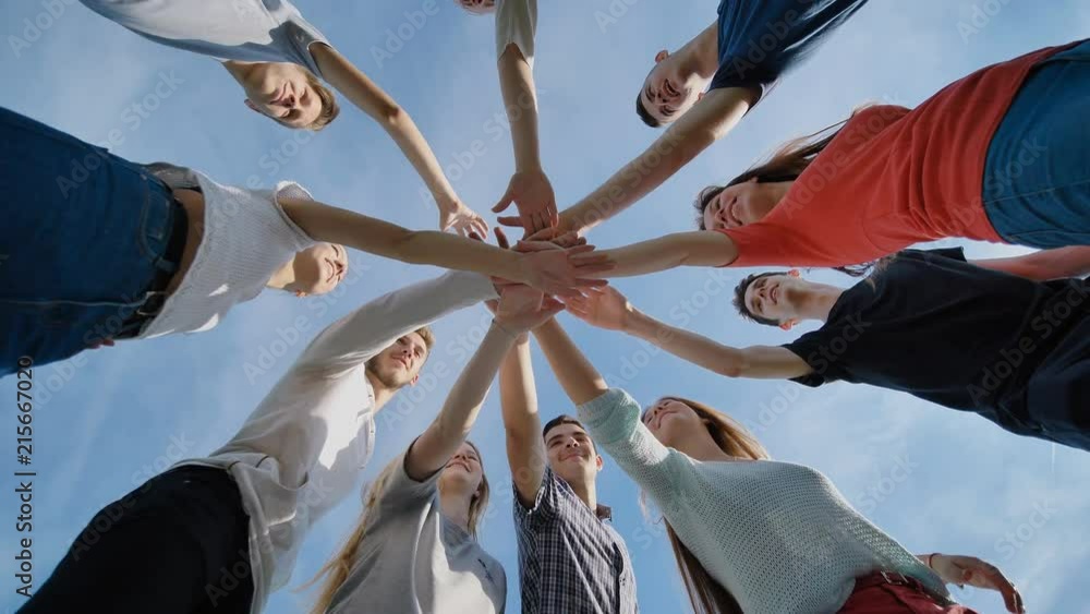 Close-up join hands group meeting, young people teamwork concept.