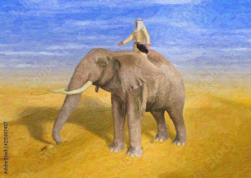 Painted Style Illustration of Desert Adventurer Riding Elephant on Sunny Day