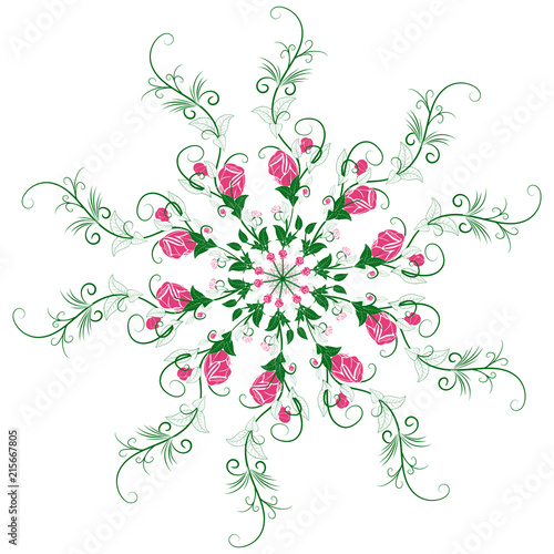 Fototapeta Naklejka Na Ścianę i Meble -  Abstract floral mandala. Branches and leaves and rosebuds. Circular symmetrical pattern
