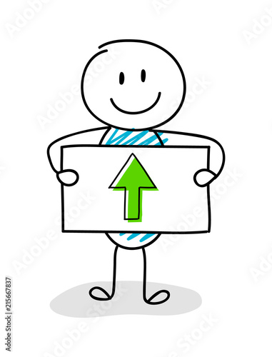Smiley stickman holding board with up-arrow icon. Vector.