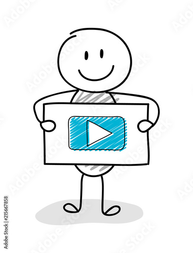 Funny stickman with video player (social media) icon. Vector.